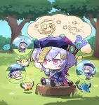 1girl ? ?? artist_request bangs bead_necklace beads bird book braid chibi closed_eyes coin day dress finger_to_mouth flower genshin_impact grass hair_ornament hat jewelry jiangshi leaf long_hair long_sleeves necklace notice_lines ofuda open_book open_mouth outdoors purple_hair purple_headwear qing_guanmao qiqi_(genshin_impact) sitting sketch sky slime_(creature) solo speech_bubble stretch sweat thigh-highs tree tree_stump violet_eyes vision_(genshin_impact) yellow_flower 
