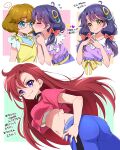  ... 3girls ahoge ass blue_pants blush bow breasts brown_hair choker closed_mouth dress eru expressionless from_behind from_below full-face_blush glasses hair_bow ichinose_minori jewelry kiss large_breasts long_hair looking_at_another looking_at_viewer low_tied_hair midriff multiple_girls multiple_views navel pants precure purple_hair purple_shirt red_bow redhead ring round_eyewear shirt short_hair short_sleeves smile spoken_ellipsis suzumura_sango takizawa_asuka translation_request tropical-rouge!_precure twintails upper_body yellow_dress yuri 