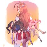  3girls animal_ears blue_eyes blue_flower blue_headwear blue_rose brown_hair carrying carrying_under_arm closed_mouth dirty dirty_clothes dirty_face flower gym_shirt gym_shorts gym_uniform haru_urara_(umamusume) headband highres horse_ears horse_girl horse_tail ishii_onkami looking_back mihono_bourbon multiple_girls orange_eyes pink_eyes pink_hair rice_shower rose shirt shorts sweat tail thigh-highs umamusume white_legwear 