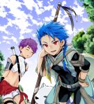  1other 2boys animal arms_behind_back asymmetrical_bangs asymmetrical_clothes bangs belt blue_hair blue_sky bodysuit_under_clothes bracelet braid braided_ponytail capelet chest_strap child closed_eyes clothing_cutout covered_navel cu_chulainn_(fate)_(all) dog earrings fang fate/grand_order fate/grand_order_arcade fate_(series) fergus_mac_roich_(fate) fergus_mac_roich_(young)_(fate) grin hand_on_hip holding holding_staff jewelry long_hair looking_at_viewer male_focus multiple_boys navel open_mouth outdoors ponytail puppy purple_hair red_eyes setanta_(fate) short_hair shorts skin_tight sky slit_pupils smile spiky_hair staff thigh_cutout wakatobi_chakku 