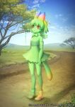  1girl animal_ears bare_shoulders blonde_hair blue_sky bow bowtie cellval colored_skin commentary_request ctake02 dirt_road elbow_gloves eyebrows_visible_through_hair gloves grass green_gloves green_hair green_legwear green_neckwear green_shirt green_skin green_skirt high-waist_skirt kemono_friends kemono_friends_3 multicolored_hair official_art red_eyes road serval_ears serval_tail shirt short_hair skirt sky sleeveless solo tail thigh-highs tree zettai_ryouiki 