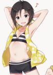  1girl antenna_hair armpits arms_behind_head bikini bikini_top black_hair commentary grey_eyes highres hood hoodie idolmaster kikuchi_makoto looking_at_viewer midriff mogskg musical_note navel open_mouth short_hair short_shorts shorts smile solo swimsuit 