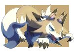  claws commentary_request fangs full_body gen_7_pokemon highres lycanroc lycanroc_(midday) no_humans open_mouth pokemon pokemon_(creature) signature solo tanpakuroom tongue white_fur 