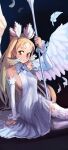  1girl absurdres blonde_hair blush breasts commission detached_sleeves dress feathered_wings highres holding holding_spear holding_weapon huge_filesize long_hair looking_at_viewer magical_girl mahou_shoujo_(raita) medium_breasts no_bra one_side_up orange_eyes piku184 polearm revealing_clothes sasaki_kotone sideboob sitting solo spear sweatdrop thigh-highs very_long_hair weapon white_dress white_legwear white_sleeves white_wings wings yokozuwari 