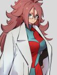  1girl android_21 checkered checkered_dress dragon_ball dragon_ball_fighterz dress glasses grey_background kemachiku labcoat long_hair looking_at_viewer redhead simple_background solo 