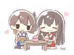  2girls akagi_(kancolle) bangs black_eyes black_legwear blue_hakama blush bowl brown_hair chibi chopsticks closed_eyes eating flight_deck food food_in_mouth food_on_face hakama hakama_skirt heart highres holding holding_bowl holding_chopsticks japanese_clothes kaga_(kancolle) kantai_collection long_hair multiple_girls muneate nada_namie open_mouth ponytail red_hakama rice rice_bowl rice_on_face side_ponytail signature sitting table tassel white_legwear 