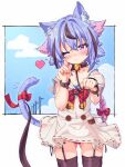  1other :3 absurdres androgynous animal_ears ass_visible_through_thighs bell blue_hair blue_sky blush cat_ears cat_tail clouds collar commentary cowboy_shot dress etogami_kazuya garter_straps garters gradient_hair gynoid_talk hair_flaps highres holding holding_leash leash looking_at_viewer meika_mikoto multicolored_hair neck_bell neck_ribbon one_eye_closed panties pantyshot paw_pose pink_eyes pink_hair red_nails red_neckwear red_panties ribbon sailor_collar skindentation sky smile solo standing tail tail_ornament tail_ribbon underwear utility_pole vocaloid white_collar white_dress wrist_straps 