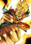  1boy absurdres amputee blonde_hair dougi dragon_ball dragon_ball_z fighting_stance foreshortening green_eyes highres huge_filesize incoming_attack looking_at_viewer male_cleavage male_focus muscular muscular_male older orange_pants orange_shirt punching scar scar_across_eye shirt solo son_gohan_(future) spiky_hair studio_viga torn_clothes torn_shirt 