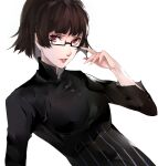  1girl adjusting_eyewear black-framed_eyewear black_dress braid brown_hair catherine_(game) company_connection cosplay crown_braid dress glasses highres katherine_mcbride katherine_mcbride_(cosplay) lips looking_at_viewer niijima_makoto parted_lips persona persona_5 pertex_777 red_eyes short_sleeves simple_background solo striped striped_dress sweater turtleneck turtleneck_sweater white_background 