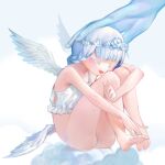  1girl angel ass bangs bare_shoulders barefoot blue_background blue_hair blush braid camisole closed_eyes clouds collarbone colored_eyelashes commentary_request crop_top disembodied_limb eyebrows_visible_through_hair feathered_wings feet flower flower_wreath full_body hand_on_another&#039;s_head happy highres jpeg_artifacts kaede_(shijie_heping) knees_up leg_hug multiple_wings open_mouth original panties petting rose short_hair simple_background sitting smile solo_focus spaghetti_strap tied_hair underwear underwear_only white_flower white_panties white_rose white_wings wings 