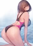  1girl amane_ruri arm_support ass back back_cutout bangs bare_arms bare_shoulders black_swimsuit breasts brown_eyes brown_hair closed_mouth clothing_cutout commentary_request competition_swimsuit fingernails from_behind hair_between_eyes head_tilt highres kneeling large_breasts leaning_forward looking_at_viewer looking_back medium_hair one-piece_swimsuit original pool poolside solo swimsuit water wet white_background 