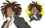  +_+ 1boy :3 :d bangs black_jacket blush_stickers brown_hair chibi closed_eyes dangan_ronpa:_trigger_happy_havoc dangan_ronpa_(series) dark_skin dark_skinned_male fang hagakure_yasuhiro hairlocs heart holding jacket jacket_on_shoulders long_hair male_focus moosopp multiple_views open_mouth orange_shirt plant potted_plant shirt smile sparkle sparkling_eyes symbol_commentary upper_teeth white_background white_shirt yellow_background 