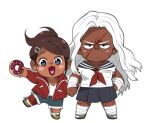  2girls asahina_aoi bandaged_leg bandages bangs blue_eyes breasts brown_hair collarbone dangan_ronpa:_trigger_happy_havoc dangan_ronpa_(series) dark_skin doughnut food frown hair_ornament hairclip holding holding_another&#039;s_arm holding_food jacket long_hair looking_at_viewer moosopp multiple_girls oogami_sakura open_clothes open_jacket open_mouth red_jacket sailor_collar scar scar_on_face school_uniform shirt short_hair shorts simple_background skirt small_breasts standing standing_on_one_leg symbol_commentary white_background white_hair white_shirt 