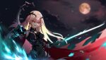  1girl absurdres alternate_costume braid breasts cloak clouds cloudy_sky eyebrows_visible_through_hair girls_frontline hair_ornament highres holding holding_sword holding_weapon long_hair looking_away moon negev_(girls_frontline) night night_sky open_mouth pink_hair priest77 red_cloak red_eyes sky smirk solo sword weapon 