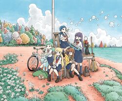  5girls album_cover ayumin_(sayopony) bicycle blonde_hair blue_sky broom brown_hair bubble cat clouds cover day flower game_boy globe grass green_hair ground_vehicle handheld_game_console hat headphones highres instrument jacket keyboard_(instrument) ladder melodica miina_(sayopony) multiple_girls nacchan_(sayopony) nakamori_kemuri outdoors red_flower sayonara_ponytail school_uniform serafuku shuka_(sayopony) sky stepladder tree tree_stump twintails white_flower wizard_hat yellow_jacket yuyu_(sayopony) 