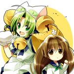  2girls :d :x animal_ears animal_hat apron bangs bell blue_dress blue_sailor_collar bow bowtie brown_eyes brown_hair cat_ears cat_hat child clenched_hand dejiko di_gi_charat dress fang gema green_eyes green_neckwear hair_bell hair_ornament hair_over_eyes hat mittens multiple_girls neckerchief open_mouth puchiko sailor_collar shirt simple_background skin_fang smile toro_(shiro) white_apron white_background white_mittens white_shirt 