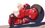  1girl :3 ahoge akira blonde_hair blue_eyes closed_mouth commentary english_commentary florida-chan_(ryusei_hashida) from_behind ground_vehicle highres kaneda_shoutarou&#039;s_bike looking_at_viewer looking_back motor_vehicle motorcycle red_footwear ryusei_hashida sidelocks simple_background smile solo white_background 