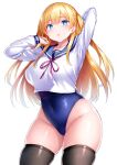  1girl blonde_hair blue_eyes blush covered_navel highres long_hair long_sleeves looking_at_viewer original school_swimsuit school_uniform solo swimsuit thigh-highs tsukumiya_amane twintails 