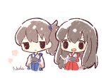  2girls akagi_(kancolle) bangs black_eyes blue_hakama blush brown_hair chibi eyebrows_visible_through_hair hakama hakama_skirt highres japanese_clothes kaga_(kancolle) kantai_collection long_hair multiple_girls muneate nada_namie open_mouth ponytail red_hakama side_ponytail signature simple_background smile tasuki white_background wide_sleeves 