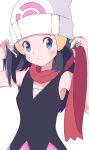  1girl beanie black_hair blue_eyes blush closed_mouth commentary hikari_(pokemon) eyelashes hair_ornament hairclip hands_up hat long_hair pokemon pokemon_(game) pokemon_dppt red_scarf scarf simple_background sleeveless solo white_background white_headwear yuki_yukki12 