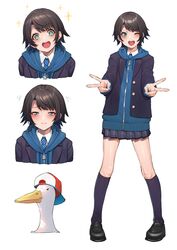  +_+ 1girl :d :i absurdres backwards_hat baseball_cap bird black_footwear black_hair blazer blue_neckwear blush double_v duck full_body green_eyes hat highres hololive hood hoodie jacket kneehighs long_sleeves looking_at_viewer mikan_(chipstar182) multiple_views necktie oozora_subaru open_mouth pleated_skirt school_uniform short_hair simple_background skirt smile sparkle sparkling_eyes standing subaru_duck upper_body v v-shaped_eyebrows virtual_youtuber white_background 