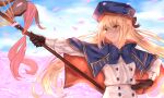 1girl artoria_pendragon_(all) artoria_pendragon_(caster)_(fate) bakaichisan black_ribbon blonde_hair blue_cape blue_sky blush brown_gloves buttons cape capelet clouds double-breasted fate/grand_order fate_(series) gloves green_eyes hair_between_eyes hat highres long_hair neck_ribbon petals ponytail ribbon sky smile solo staff 