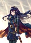  1girl ameno_(a_meno0) armor bangs blue_cape blue_eyes blue_hair cape falchion_(fire_emblem) fingerless_gloves fire_emblem fire_emblem_awakening gloves hair_between_eyes highres long_hair lucina_(fire_emblem) sheath shoulder_armor smile standing sword tiara weapon wrist_cuffs 