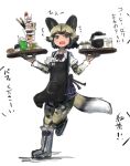  1girl adeshi_(adeshi0693119) african_wild_dog_(kemono_friends) african_wild_dog_print animal_ears apron bangs black_apron bodystocking boots bow bowtie coffee coffee_pot collared_shirt dog_ears dog_girl dog_tail drink fang flying_sweatdrops full_body highres holding holding_tray kemono_friends long_sleeves multicolored_hair open_mouth parfait running shirt short_hair short_over_long_sleeves short_sleeves sketch solo tail tray two-tone_hair waitress 