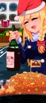  1girl bangs bell black_jacket blonde_hair blush bottle bow braid breasts chicken_(food) christmas city_lights closed_eyes commentary_request cookie_(touhou) cow eyebrows_visible_through_hair fang food gift hair_bow hat holding holding_bottle indoors jacket kirisame_marisa letter long_hair long_sleeves medium_breasts open_mouth painting_(object) peas psychic_parrot red_bow rei_(cookie) rice santa_hat side_braid single_braid solo toono_(coat) touhou turtleneck upper_body window wine_bottle yajuu_senpai 