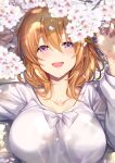  1girl :d bangs blush breasts cherry_blossoms commentary_request eyebrows_visible_through_hair gochuumon_wa_usagi_desu_ka? hair_between_eyes hair_ornament hairclip highres hoto_cocoa ks_(xephyrks) large_breasts long_sleeves looking_at_viewer lying medium_hair older on_back open_mouth orange_hair petals shirt smile solo upper_body violet_eyes white_shirt 