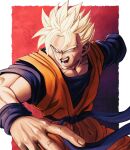  1boy absurdres amputee blonde_hair cowboy_shot dougi dragon_ball dragon_ball_z fighting_stance foreshortening green_eyes highres huge_filesize looking_at_viewer looking_to_the_side male_cleavage male_focus muscular muscular_male older orange_pants orange_shirt scar scar_on_cheek scar_on_face shirt solo son_gohan_(future) spiky_hair studio_viga wind 