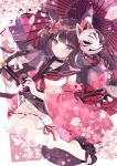  1girl ahoge animal_ear_fluff animal_ears aoi_yugina bangs blush cherry_blossoms choker closed_mouth eyebrows_visible_through_hair floral_print flower fox_ears fox_mask fox_tail full_body hair_flower hair_ornament highres holding holding_umbrella katana long_hair looking_at_viewer mask original petals pleated_skirt purple_hair purple_neckwear purple_umbrella school_uniform serafuku shiny shiny_hair shirt skirt smile solo sword tail thigh-highs umbrella violet_eyes weapon white_legwear white_shirt 