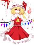 1girl absurdres ascot back_bow bangs blonde_hair blood bow breasts cowboy_shot cropped_legs crystal eyebrows_visible_through_hair fangs fingernails fire flame flandre_scarlet frilled_shirt_collar frills hand_up hat hat_bow highres kfre_(gehm8472) looking_at_viewer medium_hair mob_cap nail_polish one_side_up parted_lips petticoat puffy_short_sleeves puffy_sleeves pyrokinesis red_bow red_eyes red_nails red_skirt red_vest sharp_fingernails short_sleeves simple_background skirt skirt_set slit_pupils small_breasts smile solo standing touhou vest white_background white_bow white_headwear wings wrist_cuffs yellow_neckwear 