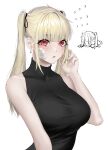  1girl absurdres black_shirt blonde_hair blush breasts eyebrows_visible_through_hair hand_up highres large_breasts long_hair norunollu original red_eyes shirt simple_background sleeveless sleeveless_shirt slit_pupils solo twintails upper_body white_background 