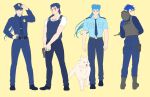  1other alternate_costume animal back belt blue_hair boots bulletproof_vest closed_mouth collared_shirt contemporary cu_chulainn_(fate)_(all) cu_chulainn_(fate/grand_order) cu_chulainn_(fate/prototype) cu_chulainn_alter_(fate/grand_order) dog earrings facepaint fate/grand_order fate/prototype fate/stay_night fate_(series) floating_hair from_behind full_body grin gun hand_on_hip handgun hat helmet highres holding holding_gun holding_weapon jewelry lancer legband long_hair long_sleeves looking_at_viewer looking_back male_focus multiple_persona muscular muscular_male necktie one_eye_closed pants police police_badge police_dog police_hat police_uniform policeman ponytail red_eyes saku_(saksak1100) shirt short_sleeves simple_background skin_tight smile spiky_hair swat uniform weapon white_wolf wolf 