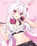  1girl :d animal_ear_fluff animal_ears black_shirt black_skirt braid breasts clothing_cutout colored_inner_hair crop_top crop_top_overhang headphones headphones_around_neck holding long_hair looking_at_viewer midriff multicolored_hair nami_(nyaa) navel off_shoulder open_mouth original pink_eyes pleated_skirt rabbit_ears shirt short_sleeves shoulder_cutout skirt small_breasts smile solo star-shaped_pupils star_(symbol) stomach stylus symbol-shaped_pupils undershirt upper_body white_hair white_shirt 