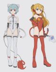  2girls adapted_costume ayanami_rei bare_shoulders blue_eyes blue_hair boots breasts cat_tail gloves hand_on_hip highres holding holding_weapon if959u leotard long_hair looking_at_viewer medium_breasts multiple_girls neon_genesis_evangelion orange_hair red_eyes red_footwear red_gloves red_leotard short_hair souryuu_asuka_langley strapless strapless_leotard tail thigh-highs thigh_boots weapon white_footwear white_gloves white_leotard 
