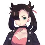  asymmetrical_bangs bangs black_choker black_hair black_jacket choker dress earrings green_eyes hair_ribbon jacket jewelry marnie_(pokemon) medium_hair mikia_harris one_eye_covered open_clothes open_jacket pink_dress pokemon pokemon_(game) pokemon_swsh ribbon twintails white_background 