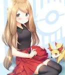  1girl bare_arms black_legwear blonde_hair blush closed_mouth collared_shirt commentary_request eyebrows_visible_through_hair fennekin gen_6_pokemon grey_eyes hat holding holding_clothes holding_hat kamowasa looking_at_viewer pleated_skirt poke_ball_symbol pokemon pokemon_(creature) pokemon_(game) pokemon_xy red_headwear red_skirt serena_(pokemon) shirt sitting skirt sleeveless sleeveless_shirt smile starter_pokemon thigh-highs 