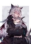  1girl animal_ears arknights blood coat finger_licking grey_eyes hair_ornament hairclip lappland_(arknights) licking long_hair long_sleeves looking_at_viewer silver_hair smile solo soukou_makura strapless tubetop wolf wolf_ears 