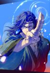  1boy blue_background blue_eyes blue_hair earrings hand_up highres jewelry lanxi_zhen laojun_(the_legend_of_luoxiaohei) long_hair long_sleeves looking_at_viewer micho robe serious solo the_legend_of_luo_xiaohei upper_body wide_sleeves 