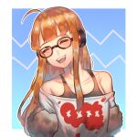  1girl absurdres ahoge blush closed_eyes glasses headphones highres orange_hair persona persona_5 sakura_futaba shibeeyan simple_background smile 