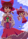  3girls absurdres ascot bangs black_eyes black_hair black_wings blue_sky blush_stickers bow brown_hair clouds commentary_request cookie_(touhou) cup daikon detached_sleeves dress eyebrows_visible_through_hair feathered_wings feet_out_of_frame flying frilled_hair_tubes frills full_body green_bow green_skirt hair_bow hair_tubes hakurei_reimu highres holding holding_cup huge_filesize looking_at_another looking_at_viewer looking_to_the_side minigirl multiple_girls nadeko_(cookie) open_mouth psychic_parrot red_bow red_dress red_eyes red_shirt red_skirt reiuji_utsuho reu_(cookie) reu_daikon ribbon-trimmed_sleeves ribbon_trim sakenomi_(cookie) shirt short_hair skirt sky sleeveless sleeveless_shirt sleeves_past_wrists touhou triangle_mouth white_shirt white_sleeves wide_sleeves wings yellow_neckwear yunomi 