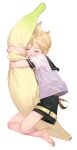  1boy banana barefoot belt black_collar black_shorts blonde_hair closed_eyes collar collared_shirt commentary_request food fruit kagamine_len lying male_focus naoko_(naonocoto) object_hug on_side open_mouth oversized_object sailor_collar school_uniform shirt short_ponytail short_sleeves shorts sleeping solo spiky_hair stuffed_toy vocaloid white_background white_shirt 