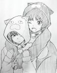  2girls :&lt; :d amagami animal_costume animal_ears animal_hood arms_around_neck bangs bell black_hair blush cat_costume cat_ears collar embarrassed front_to_back greyscale hands_on_another&#039;s_arms hood hood_up hug hug_from_behind jingle_bell jishaku_(user_rcuz2843) looking_at_another monochrome multiple_girls nanasaki_ai neck_bell one_eye_closed open_mouth pajamas raised_eyebrows short_hair sketch smile tachibana_miya 