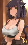  1girl animal_ear_fluff animal_ears arknights bangs bare_shoulders black_hair blush cat_ears commentary_request crop_top eyebrows_visible_through_hair green_eyes grey_choker jessica_(arknights) kumamu looking_at_viewer midriff parted_lips short_hair solo sports_bra stomach upper_body 