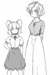  2girls alternate_costume animal_ears arm_behind_back belt commentary_request feet_out_of_frame greyscale hand_on_hip highres monochrome mouse_ears multicolored_hair multiple_girls nazrin neck_ribbon ribbon shirt short_hair short_sleeves simple_background skirt smile streaked_hair sunatoshi toramaru_shou touhou white_background 