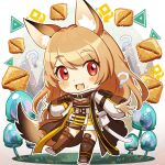  1girl :d ? animal_ear_fluff animal_ears arknights baklava bangs blush boots brown_footwear brown_hair ceobe_(arknights) commentary_request eyebrows_visible_through_hair fang food food_on_face full_body hair_between_eyes highres jacket knee_boots long_hair long_sleeves looking_at_viewer open_mouth puffy_long_sleeves puffy_sleeves red_eyes shoe_soles smile solo standing standing_on_one_leg tail upper_body very_long_hair white_background white_jacket xroxxro 
