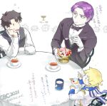  3boys alternate_costume alternate_hairstyle aves_plumbum9 blonde_hair blue_eyes blueberry chair coffee colored_skin commentary_request curly_hair eating fate/grand_order fate_(series) food formal fruit fujimaru_ritsuka_(male) gloves hand_on_own_cheek hand_on_own_face highres holy_grail_(fate) ice_cream long_sleeves looking_at_another mephistopheles_(fate) multicolored multicolored_eyes multiple_boys official_alternate_costume pointy_ears purple_hair scarf sitting strawberry suit table tablecloth thick_eyebrows tick_tock_bomb violet_eyes voyager_(fate) white_background white_gloves white_skin 