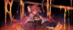  1girl arknights bare_shoulders black_dress demon_girl demon_horns dress highres horns long_hair looking_at_viewer mayf42 molten_rock redhead skirt solo surtr_(arknights) sword weapon 